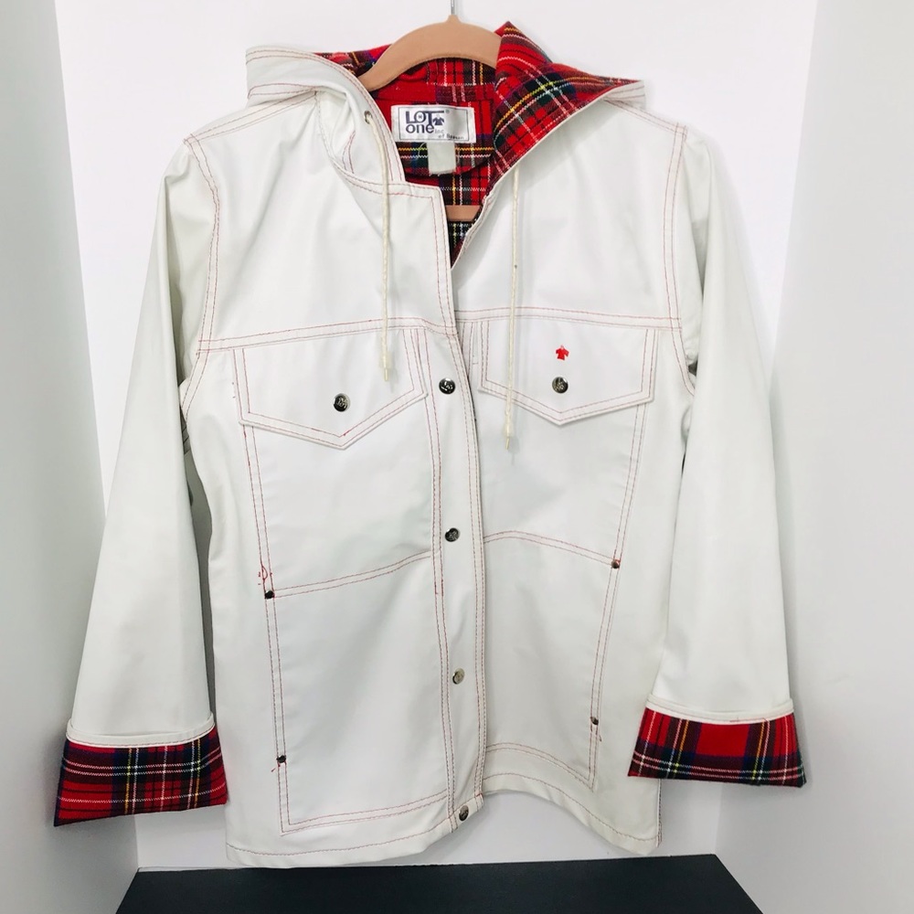 Vintage Lot One Of Boston Woman's Rain Coat PVC Rayon Small White Red Plaid Read